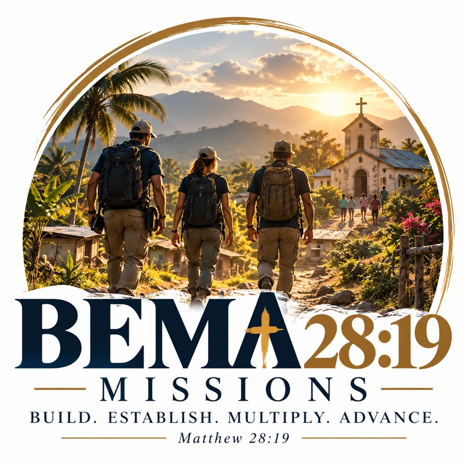 BEMA 28:19 Missions artwork showing three volunteers walking toward a church, with the words Build, Establish, Multiply, Advance